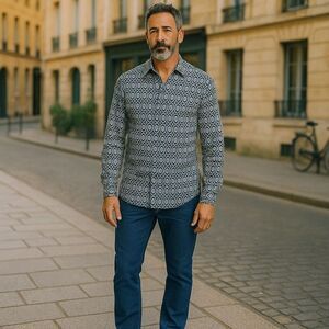 Men’s J. McLaughlin Tan Silk Blend Abstract Print Button Down Shirt Size Medium